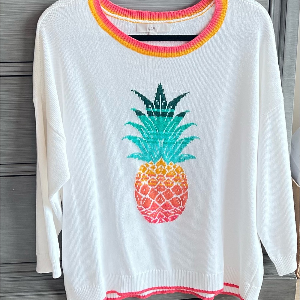 LOFT White Sweater with Colorful Pineapple Motif
